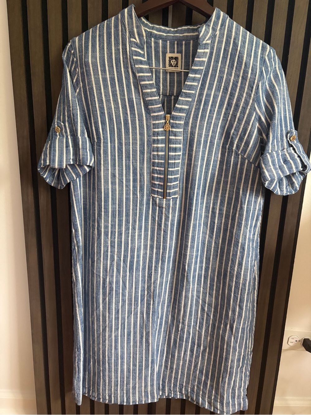 Anne Klein Blue White Striped Tunic Dress Cotton Blend Half Zip Roll Tab sizeM/L